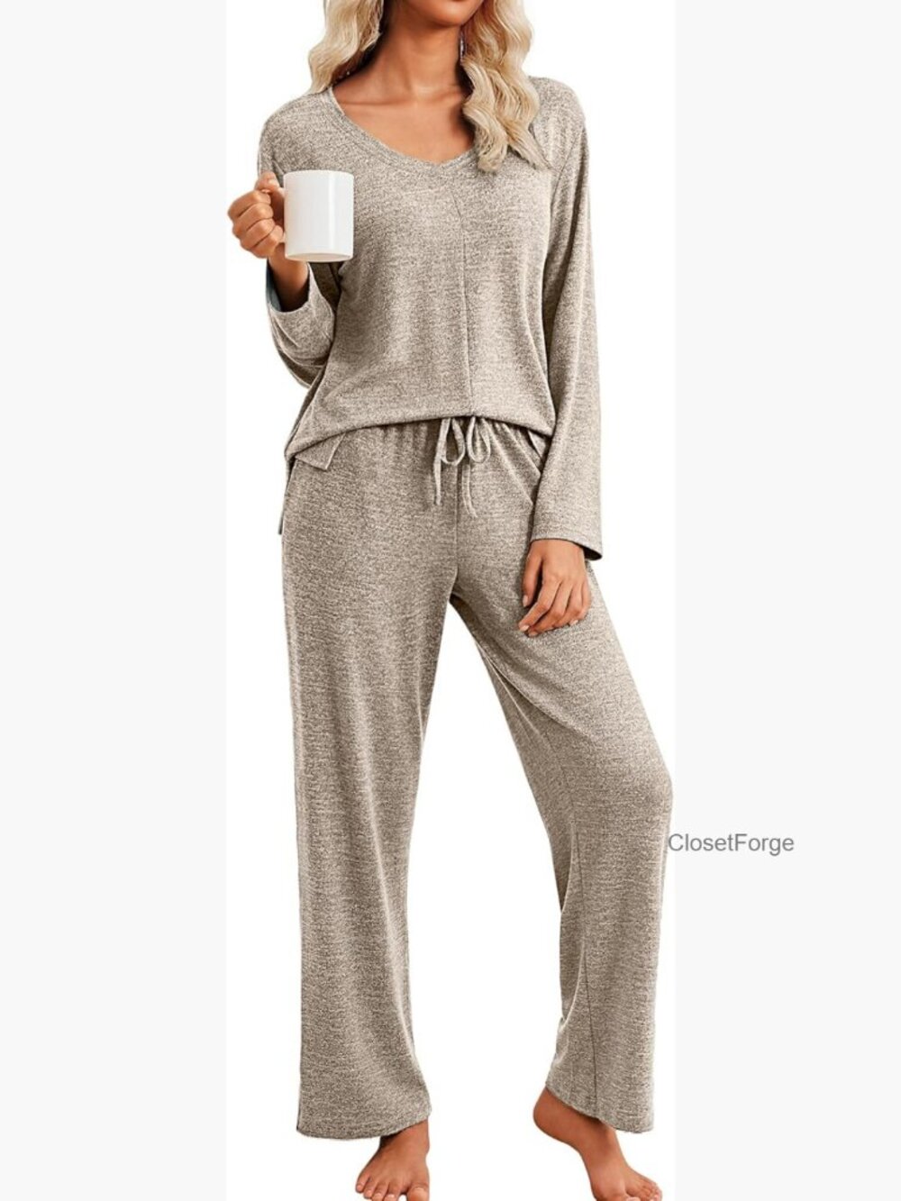 Women's 2 Piece Pajama Set Long Sleeve V Neck Lounge Set Soft Sleepwear
